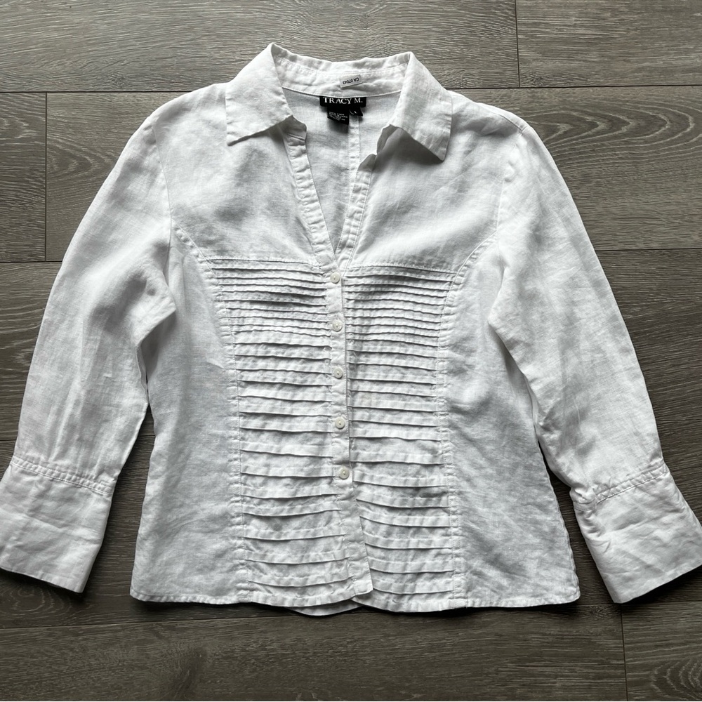 Tracy M 100% Linen White Pintuck Button Front Blouse Size L